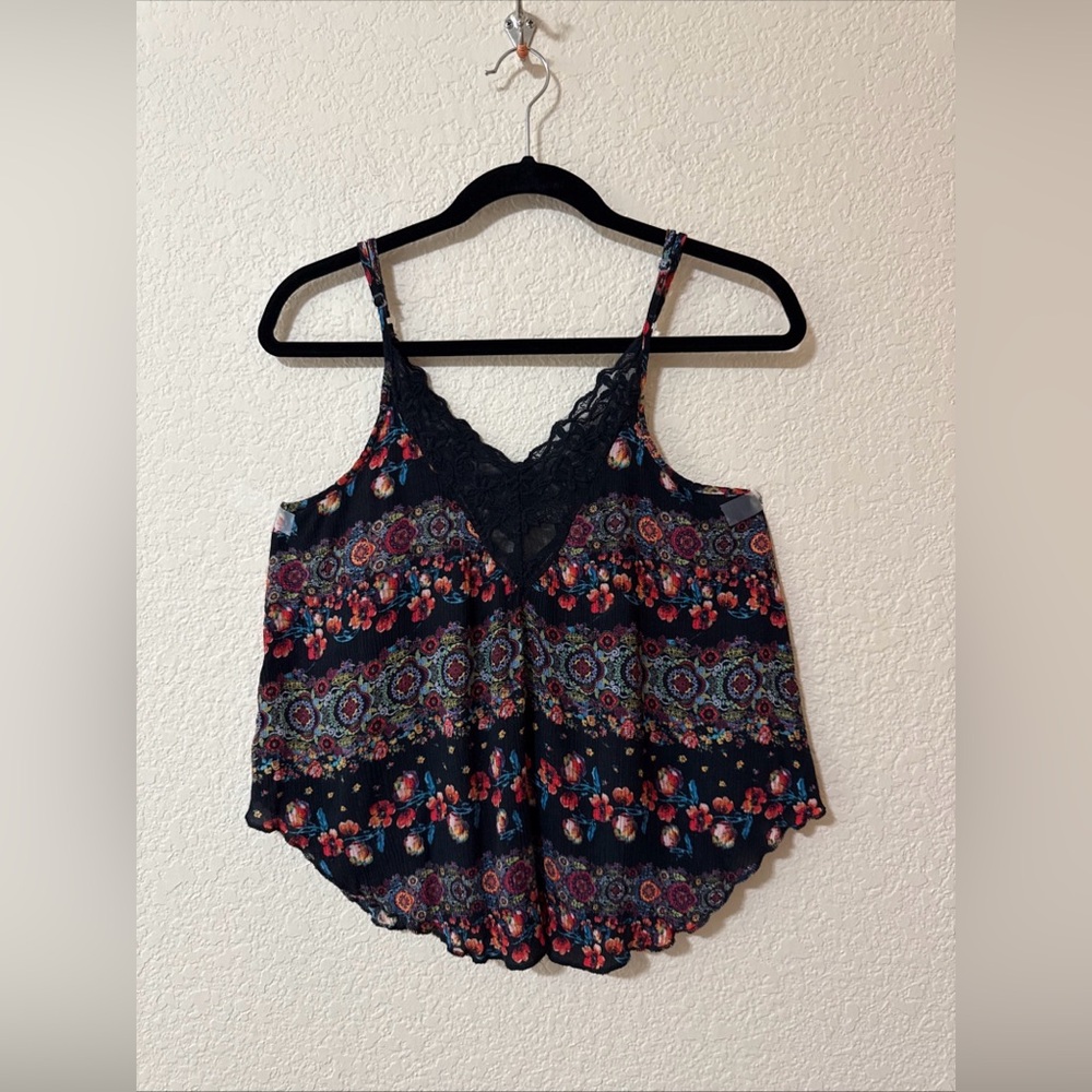 Self Esteem Y2K Rayon Lace Trim Crinkled Tank Top Sz M Dark Floral Babydoll